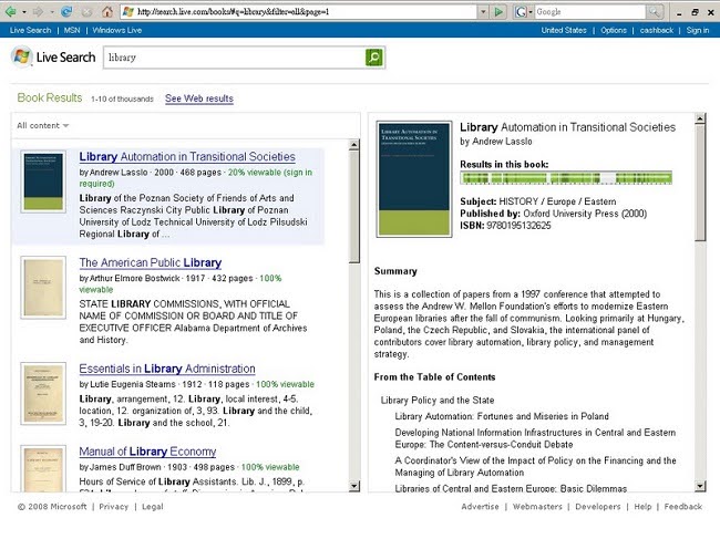 Live Search 圖書搜尋結果