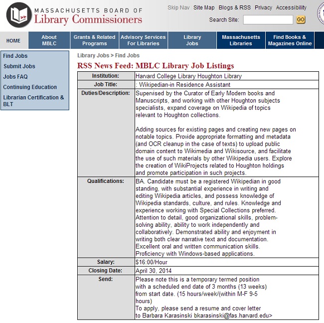 哈佛大學圖書館找人維護維基百科條目
