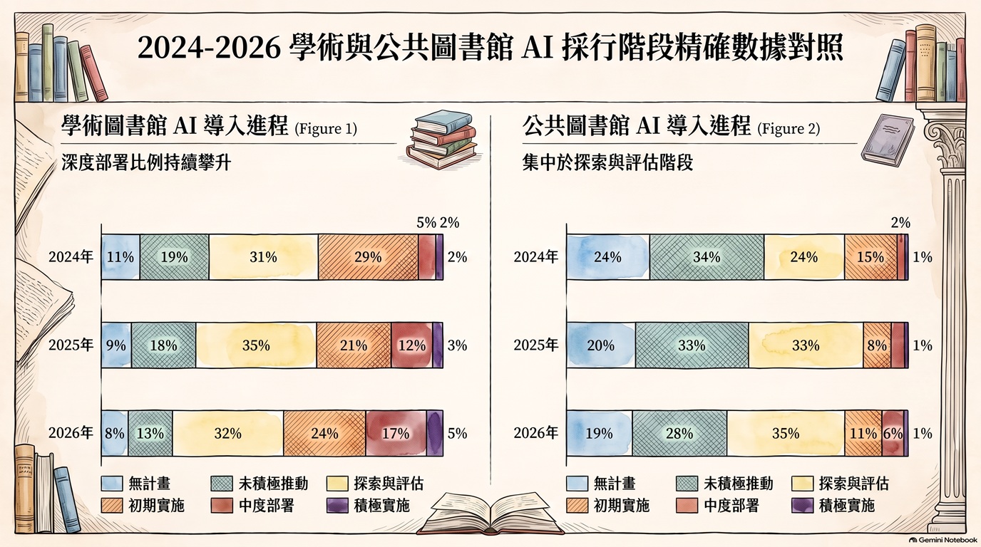 2024-2026 學術與公共圖書館AI採行階段精確數據對照 2024-2026 學術與公共圖書館AI採行階段精確數據對照